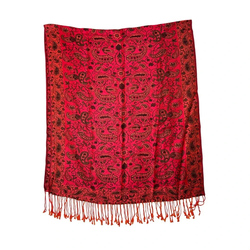 Pashmina Red Orange Paisley Silk Cashmere Blend Fringed Shawl Wrap Scarf Elegant